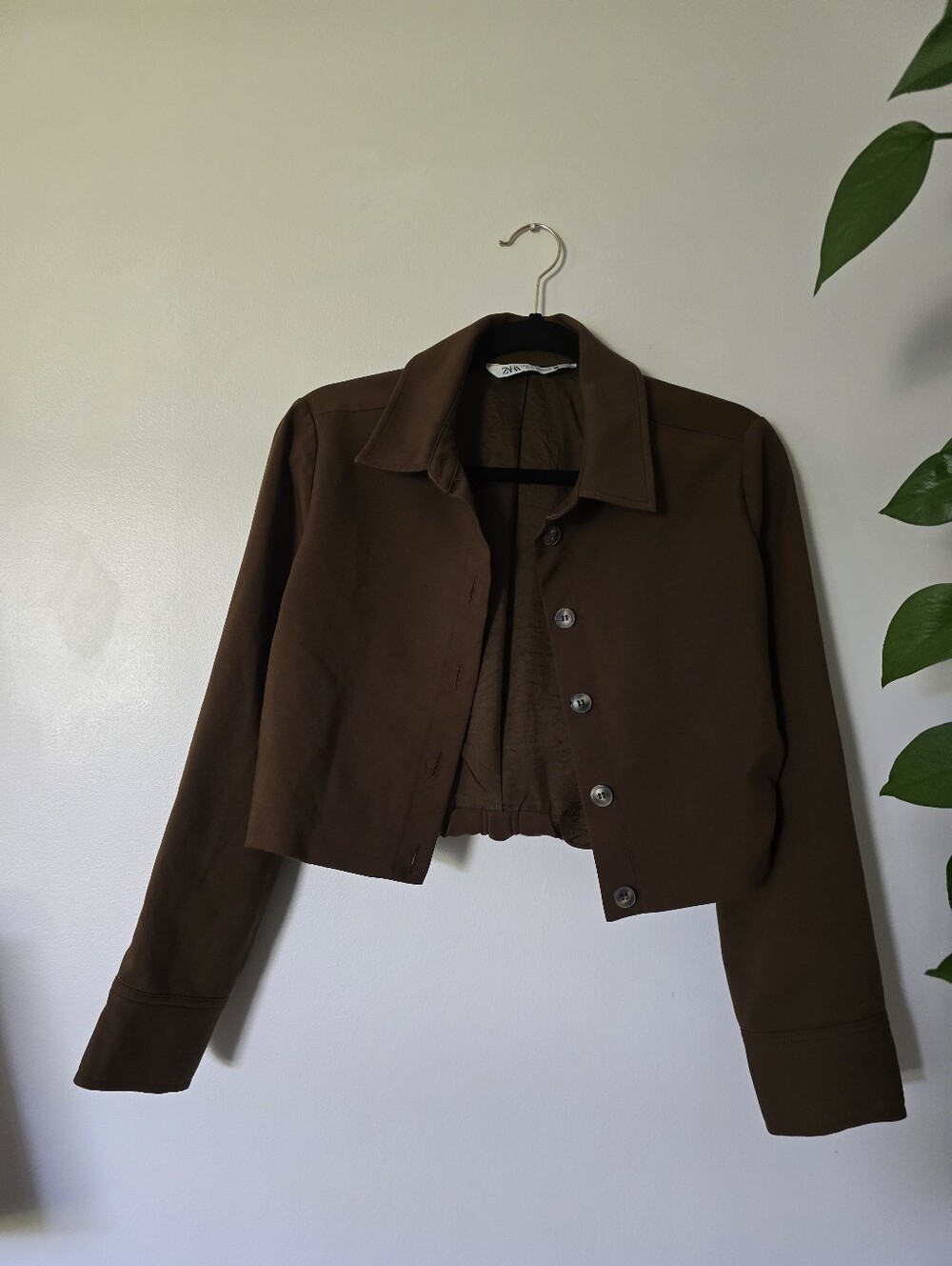 Zara Brown Cropped Collared Fall Jacket Size Small Button Down